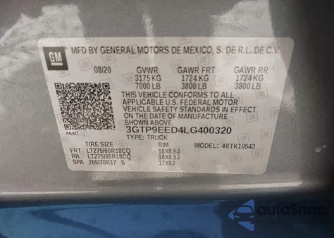 2020 GMC Sierra 1500 4Wd Short Box At4 из США, поврежденный, VIN 3GTP9EED4LG400320